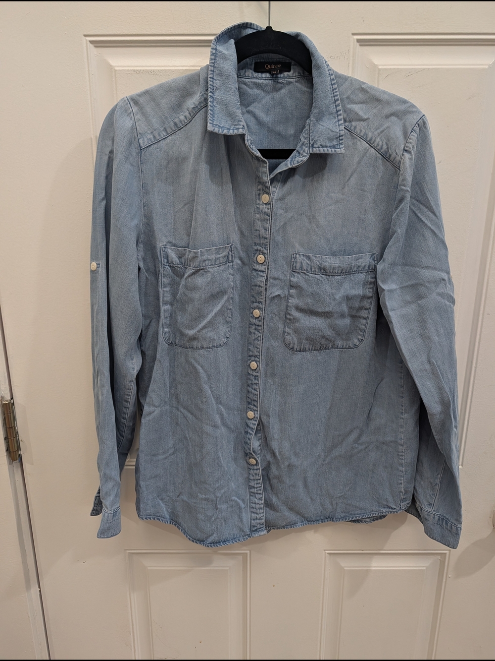 Quince Light Blue Denim Shirt with Dark Brown Wide-Leg Pants - Picture 3 of 6